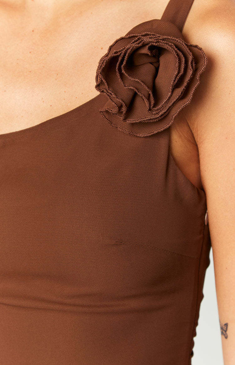 Dashiell Brown One Shoulder Chiffon Mini Dress-Vavasi.All Rights Reserved.