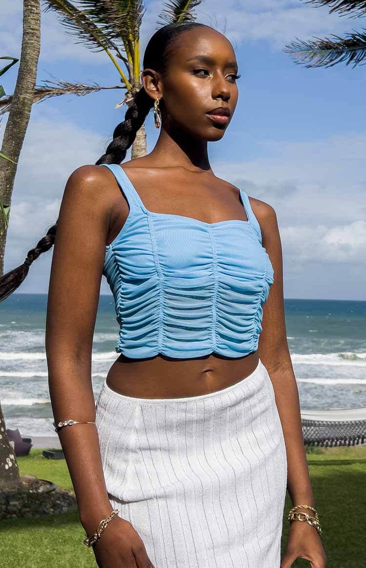 Dava Blue Mesh Ruched Top-Vavasi.All Rights Reserved.