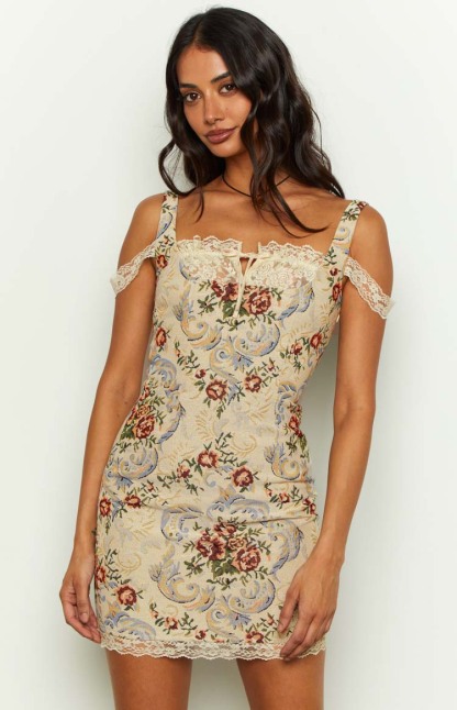 Daydreaming Beige Tapestry Mini Dress-Vavasi.All Rights Reserved.