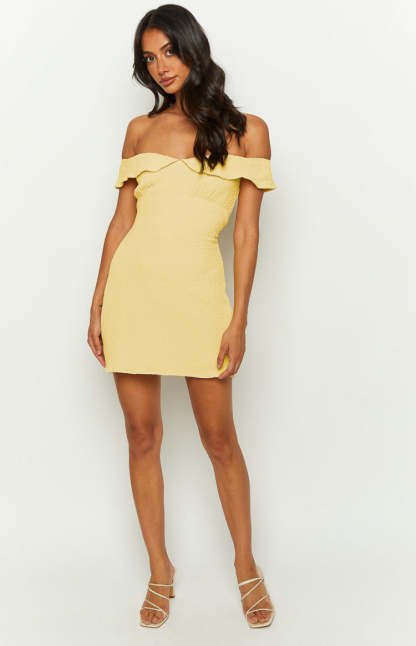 Daydreaming Yellow Off Shoulder Mini Dress-Vavasi.All Rights Reserved.