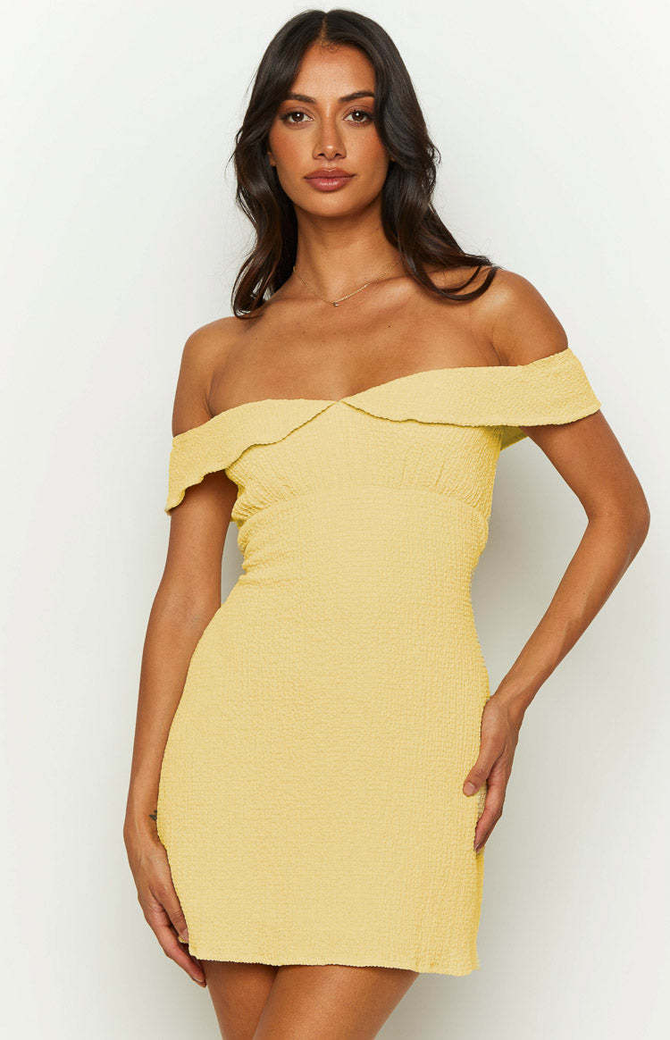 Daydreaming Yellow Off Shoulder Mini Dress-Vavasi.All Rights Reserved.