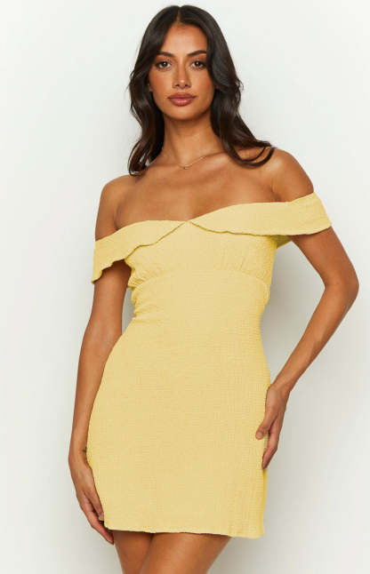 Daydreaming Yellow Off Shoulder Mini Dress-Vavasi.All Rights Reserved.