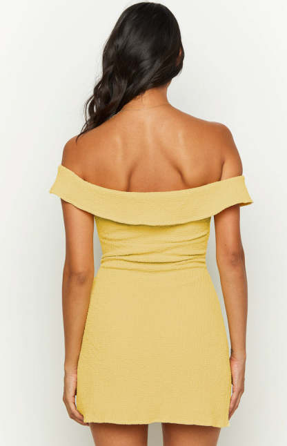 Daydreaming Yellow Off Shoulder Mini Dress-Vavasi.All Rights Reserved.