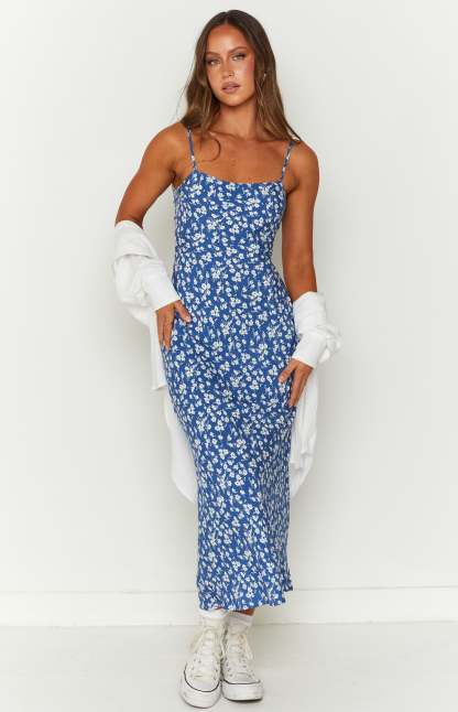 Delphine Blue Floral Midi Dress-Vavasi.All Rights Reserved.