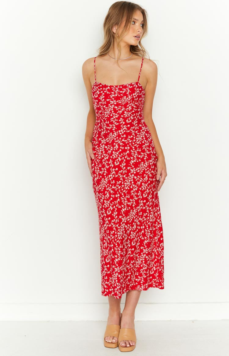 Delphine Red Floral Midi Dress-Vavasi.All Rights Reserved.