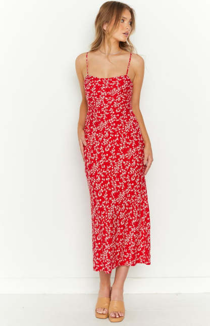 Delphine Red Floral Midi Dress-Vavasi.All Rights Reserved.