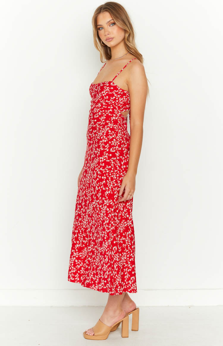 Delphine Red Floral Midi Dress-Vavasi.All Rights Reserved.