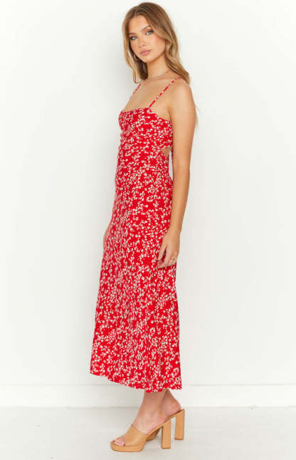 Delphine Red Floral Midi Dress-Vavasi.All Rights Reserved.