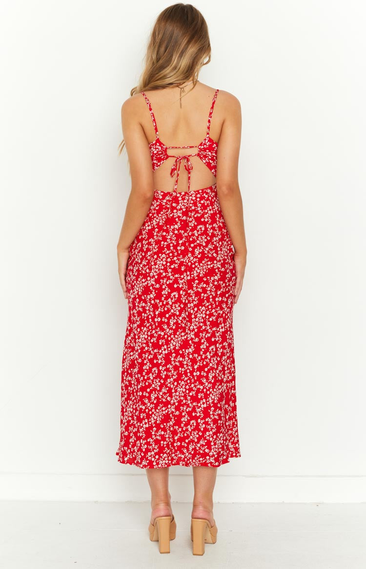Delphine Red Floral Midi Dress-Vavasi.All Rights Reserved.