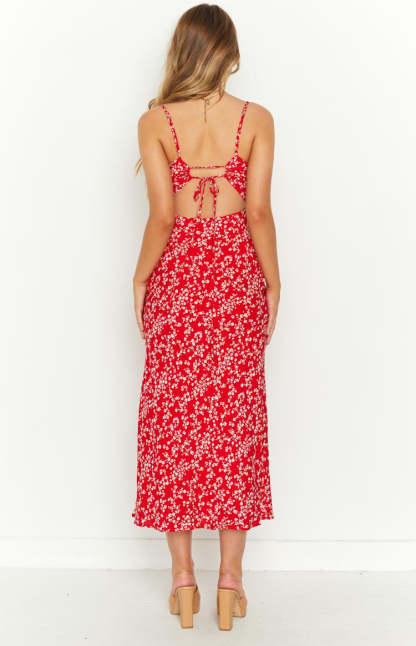 Delphine Red Floral Midi Dress-Vavasi.All Rights Reserved.