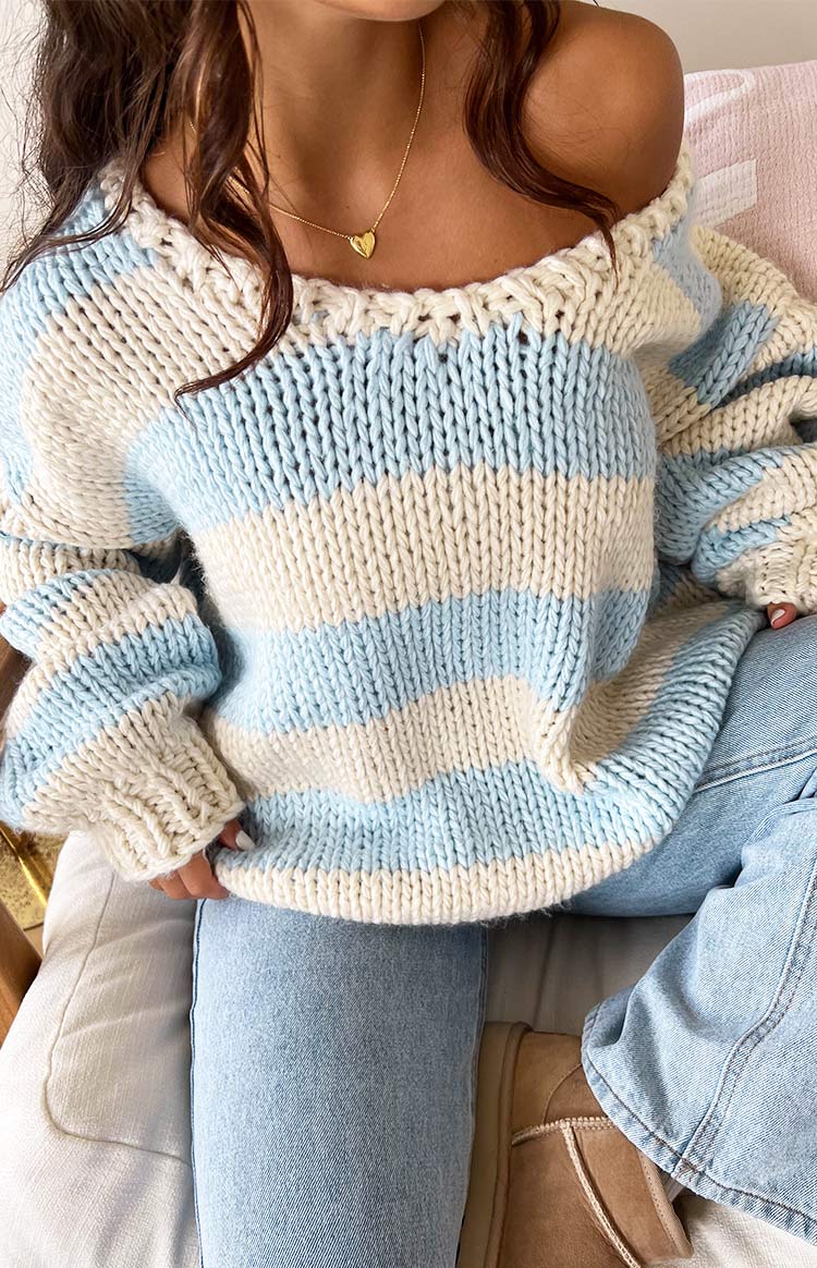 Delvey Light Blue Striped Chunky Knit Sweater-Vavasi.All Rights Reserved.