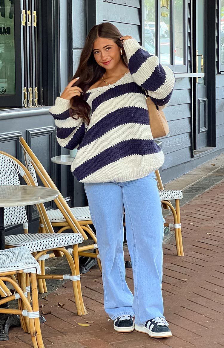 Delvey Navy Striped Chunky Knit Sweater-Vavasi.All Rights Reserved.