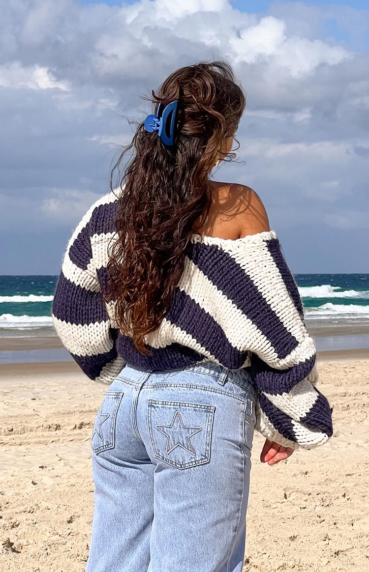 Delvey Navy Striped Chunky Knit Sweater-Vavasi.All Rights Reserved.