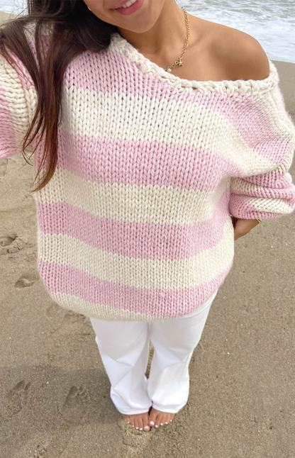 Delvey Pink Striped Chunky Knit Sweater-Vavasi.All Rights Reserved.