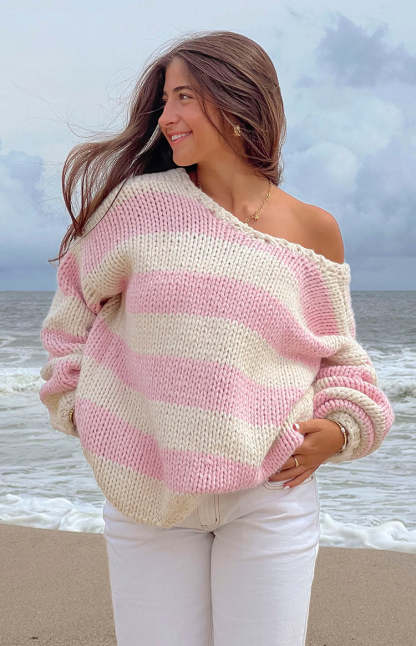 Delvey Pink Striped Chunky Knit Sweater-Vavasi.All Rights Reserved.