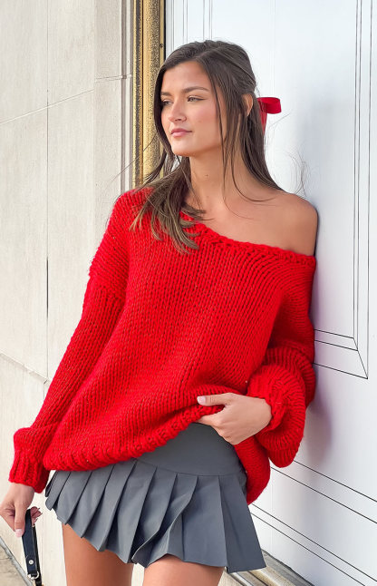 Delvey Red Chunky Knit Sweater-Vavasi.All Rights Reserved.