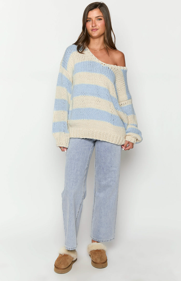Delvey Light Blue Striped Chunky Knit Sweater-Vavasi.All Rights Reserved.