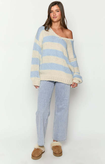 Delvey Light Blue Striped Chunky Knit Sweater-Vavasi.All Rights Reserved.