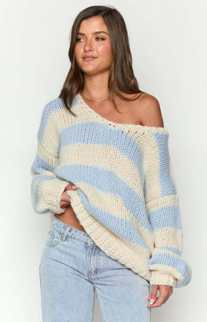 Delvey Light Blue Striped Chunky Knit Sweater-Vavasi.All Rights Reserved.
