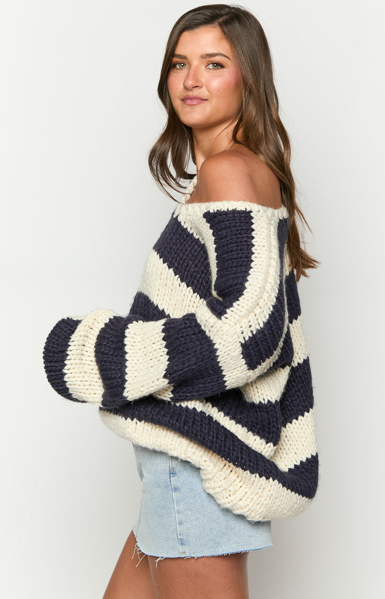 Delvey Navy Striped Chunky Knit Sweater-Vavasi.All Rights Reserved.