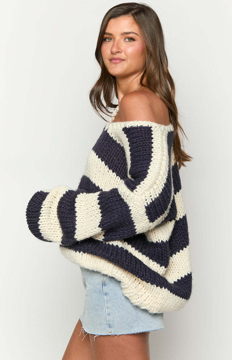 Delvey Navy Striped Chunky Knit Sweater-Vavasi.All Rights Reserved.