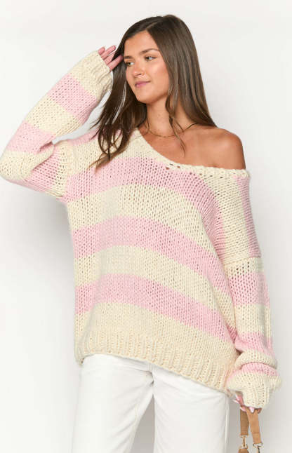 Delvey Pink Striped Chunky Knit Sweater-Vavasi.All Rights Reserved.