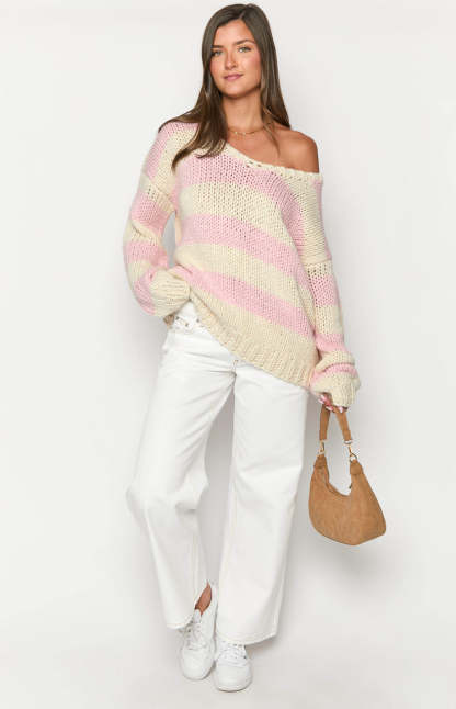 Delvey Pink Striped Chunky Knit Sweater-Vavasi.All Rights Reserved.
