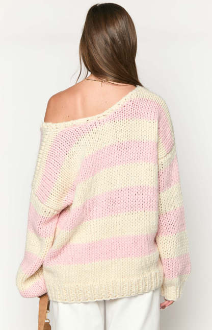 Delvey Pink Striped Chunky Knit Sweater-Vavasi.All Rights Reserved.
