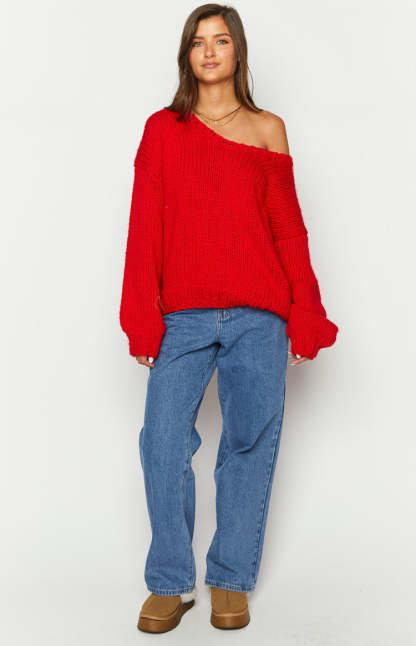 Delvey Red Chunky Knit Sweater-Vavasi.All Rights Reserved.