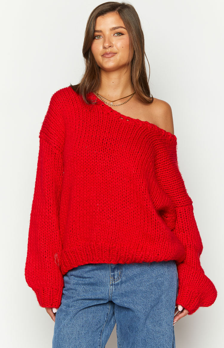 Delvey Red Chunky Knit Sweater-Vavasi.All Rights Reserved.