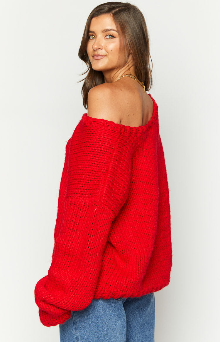 Delvey Red Chunky Knit Sweater-Vavasi.All Rights Reserved.