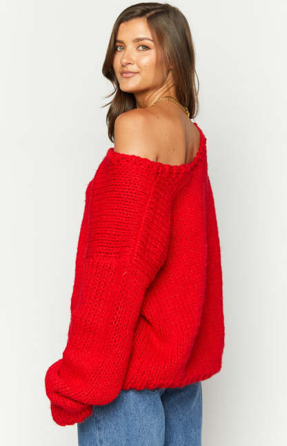 Delvey Red Chunky Knit Sweater-Vavasi.All Rights Reserved.