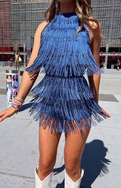 Demie Blue Tassel Playsuit-Vavasi.All Rights Reserved.