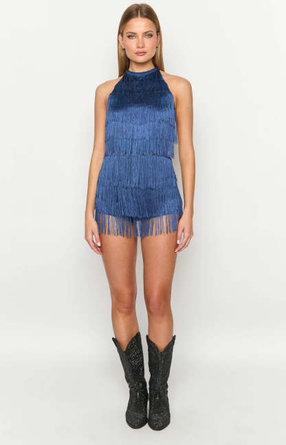 Demie Blue Tassel Playsuit-Vavasi.All Rights Reserved.