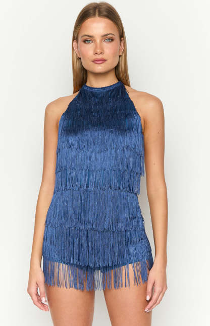 Demie Blue Tassel Playsuit-Vavasi.All Rights Reserved.