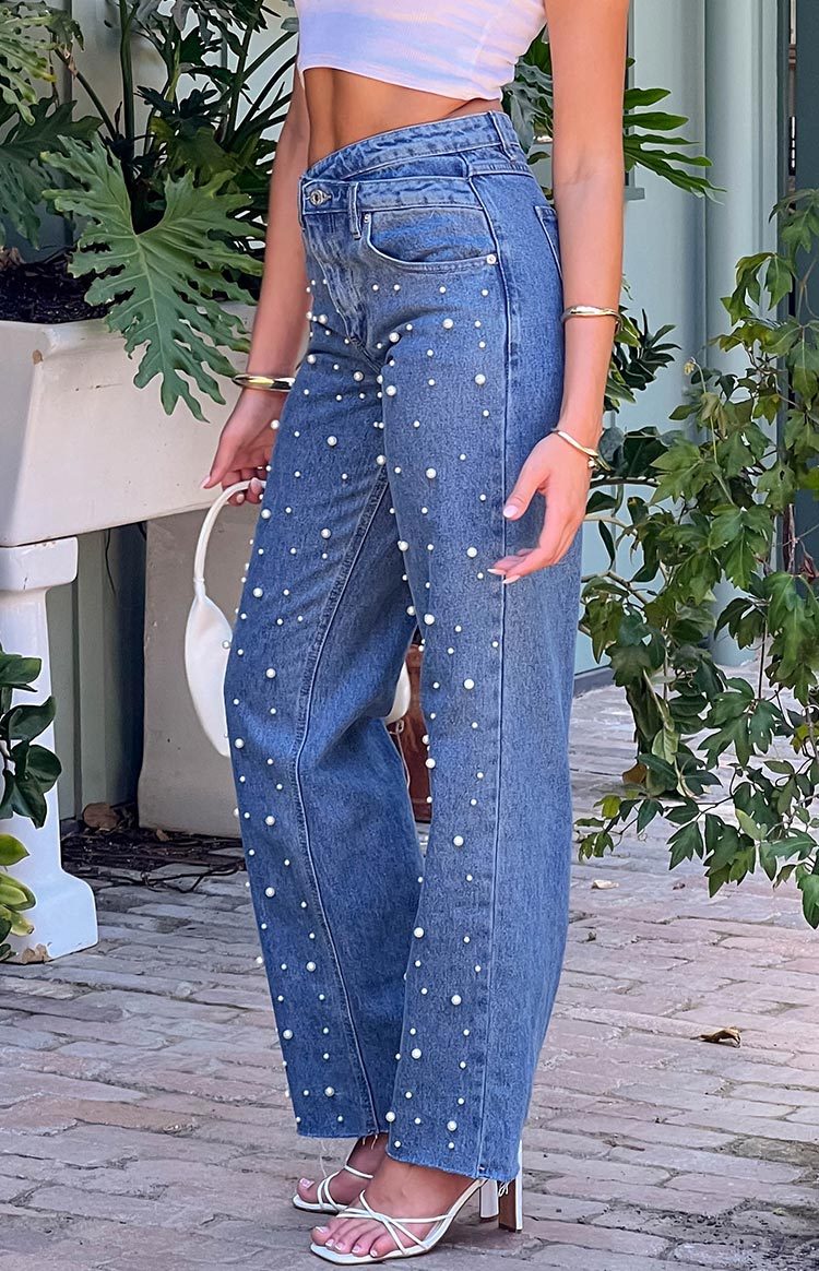 Denim Dazzle Pearl Mid Wash High Waisted Jeans-Vavasi.All Rights Reserved.