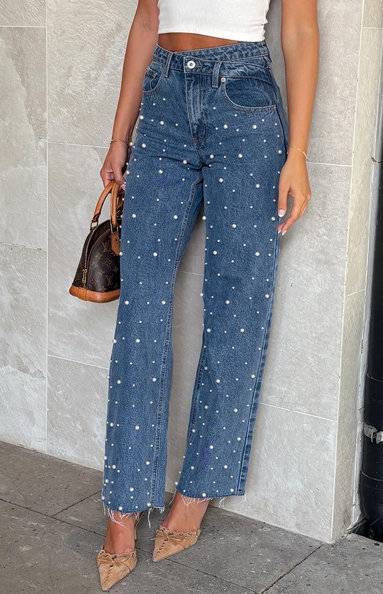 Denim Dazzle Pearl Mid Wash High Waisted Jeans-Vavasi.All Rights Reserved.
