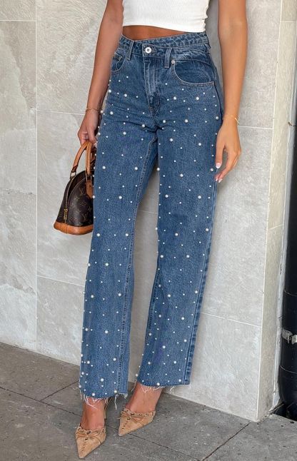 Denim Dazzle Pearl Mid Wash High Waisted Jeans-Vavasi.All Rights Reserved.