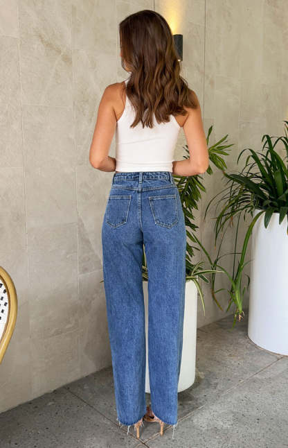 Denim Dazzle Pearl Mid Wash High Waisted Jeans-Vavasi.All Rights Reserved.
