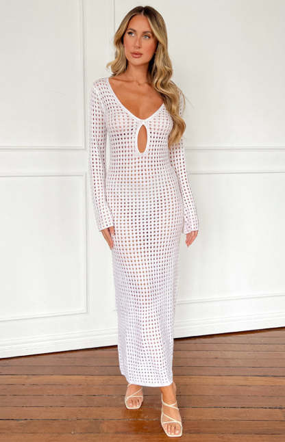 Destinations White Crochet Long Sleeve Maxi Dress-Vavasi.All Rights Reserved.