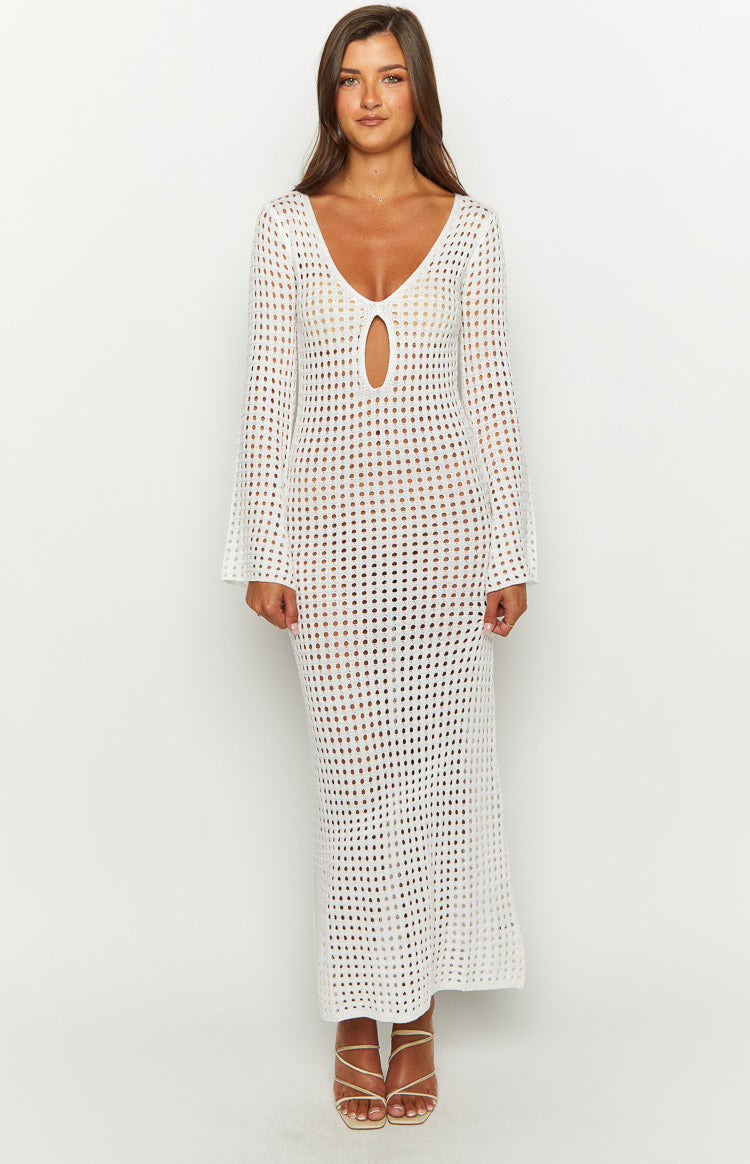 Destinations White Crochet Long Sleeve Maxi Dress-Vavasi.All Rights Reserved.
