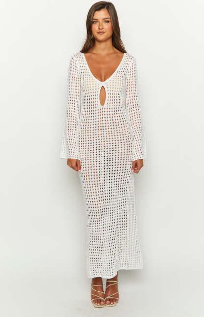 Destinations White Crochet Long Sleeve Maxi Dress-Vavasi.All Rights Reserved.