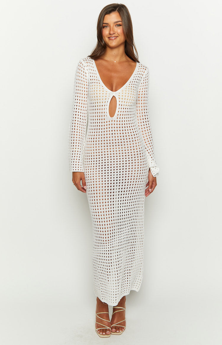 Destinations White Crochet Long Sleeve Maxi Dress-Vavasi.All Rights Reserved.