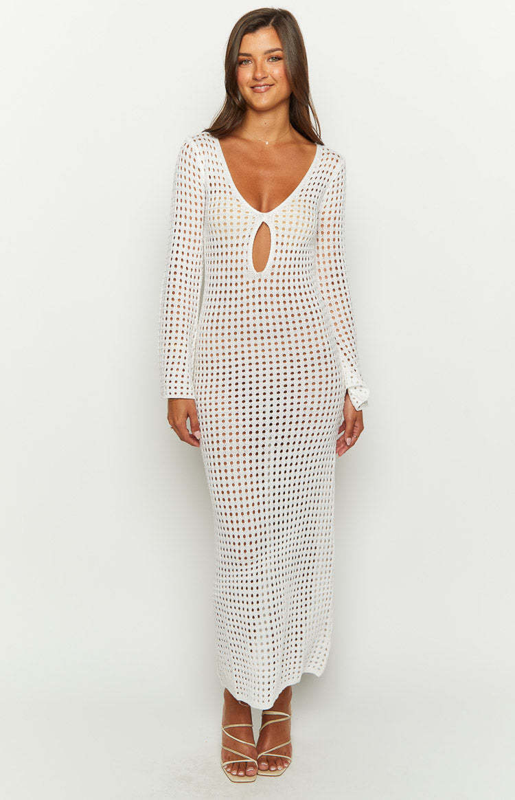 Destinations White Crochet Long Sleeve Maxi Dress-Vavasi.All Rights Reserved.