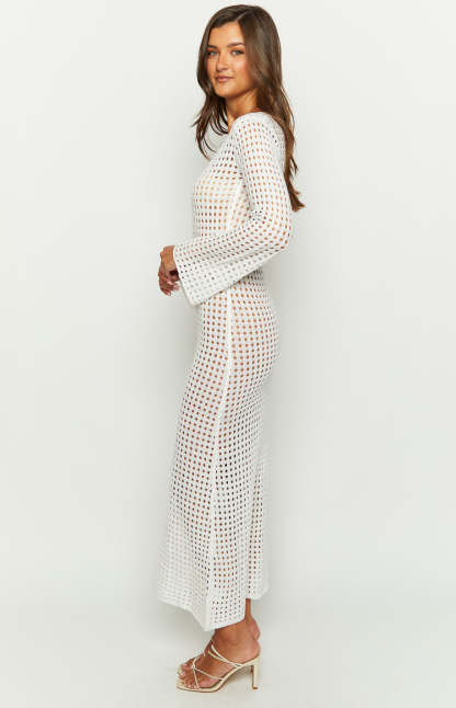 Destinations White Crochet Long Sleeve Maxi Dress-Vavasi.All Rights Reserved.