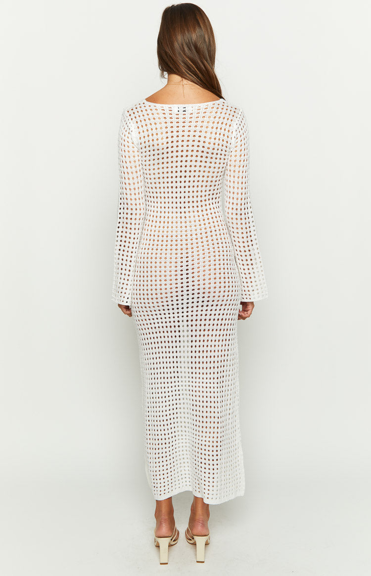 Destinations White Crochet Long Sleeve Maxi Dress-Vavasi.All Rights Reserved.