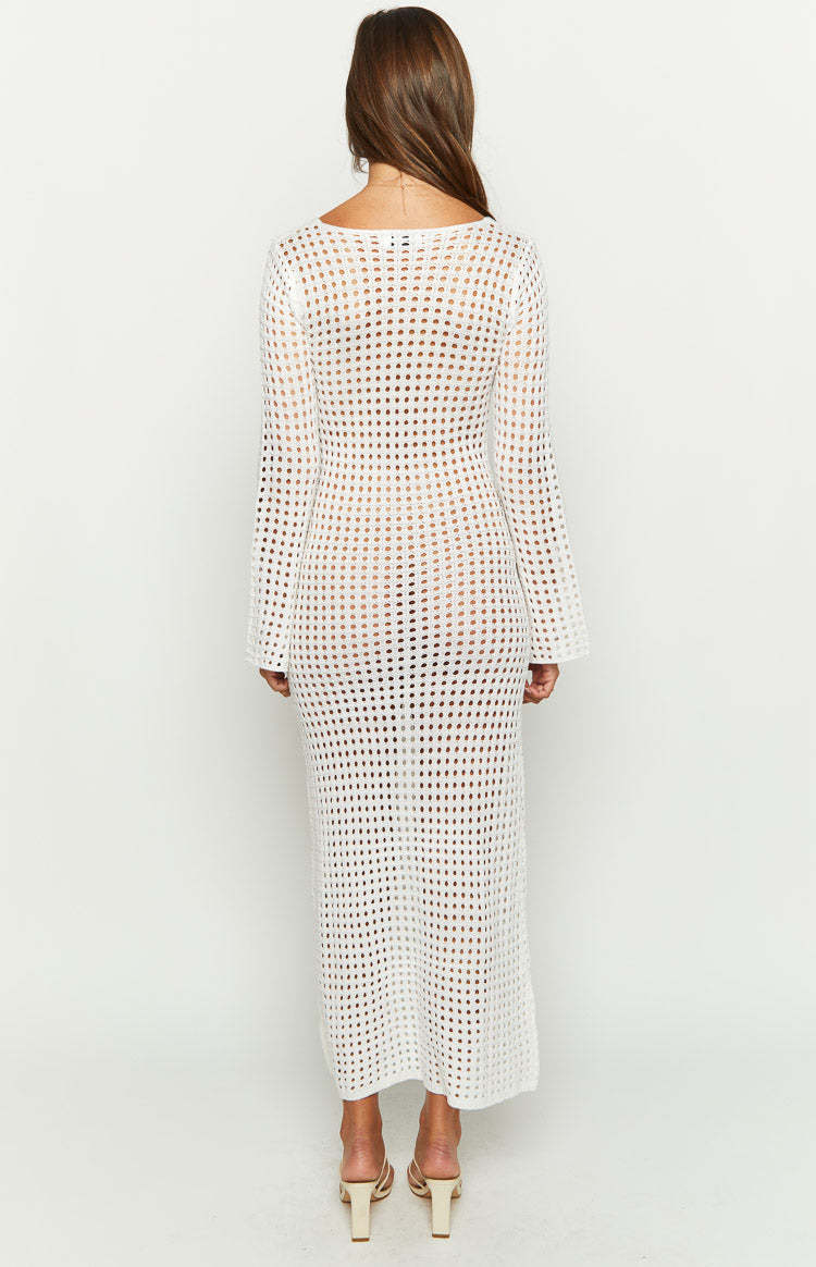 Destinations White Crochet Long Sleeve Maxi Dress-Vavasi.All Rights Reserved.