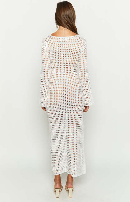Destinations White Crochet Long Sleeve Maxi Dress-Vavasi.All Rights Reserved.