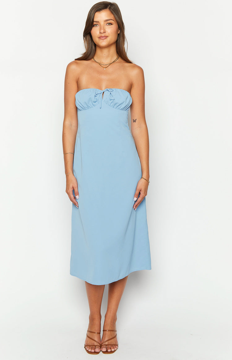 Dion Blue Strapless Midi Dress-Vavasi.All Rights Reserved.