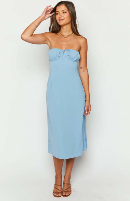 Dion Blue Strapless Midi Dress-Vavasi.All Rights Reserved.